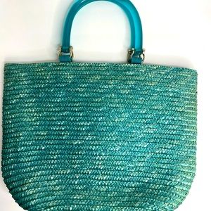 Turquoise Vintage Straw Bag with Lucite Handles